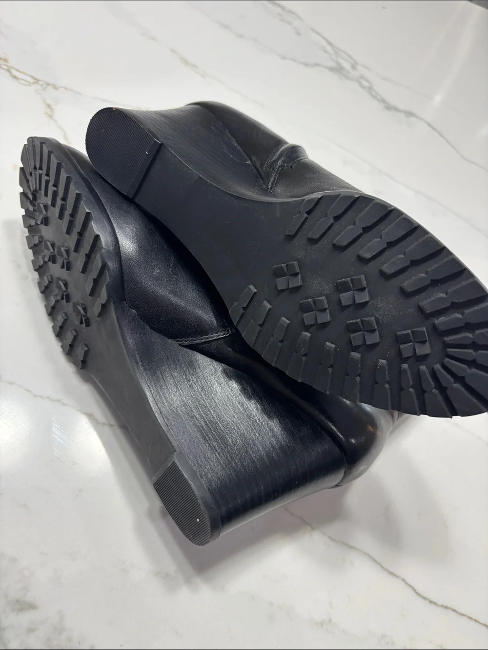 Ralph Lauren Black Leather Wedge Booties with Gold Logo